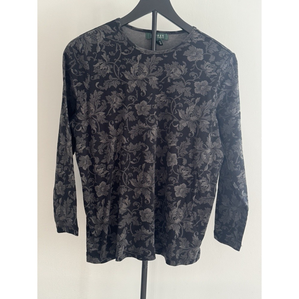 💙Lauren Ralph Lauren Long Sleeve Shirt Sz L Black Grey Casual Floral Lace Print